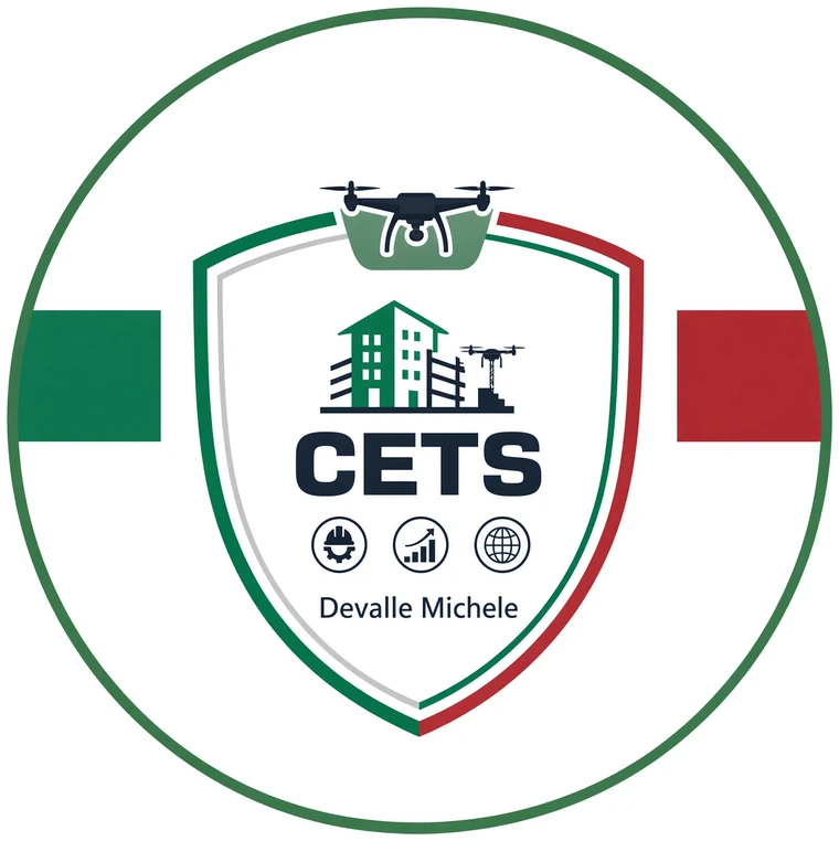 Il marchio Studio CETS: uno scudo tricolore con un palazzo, una gru e un drone e sotto il nome Devalle Michele