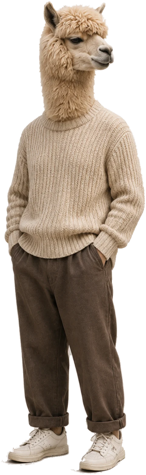 Davide, l'alpaca bipede di Union Energia, in maglione e pantaloni